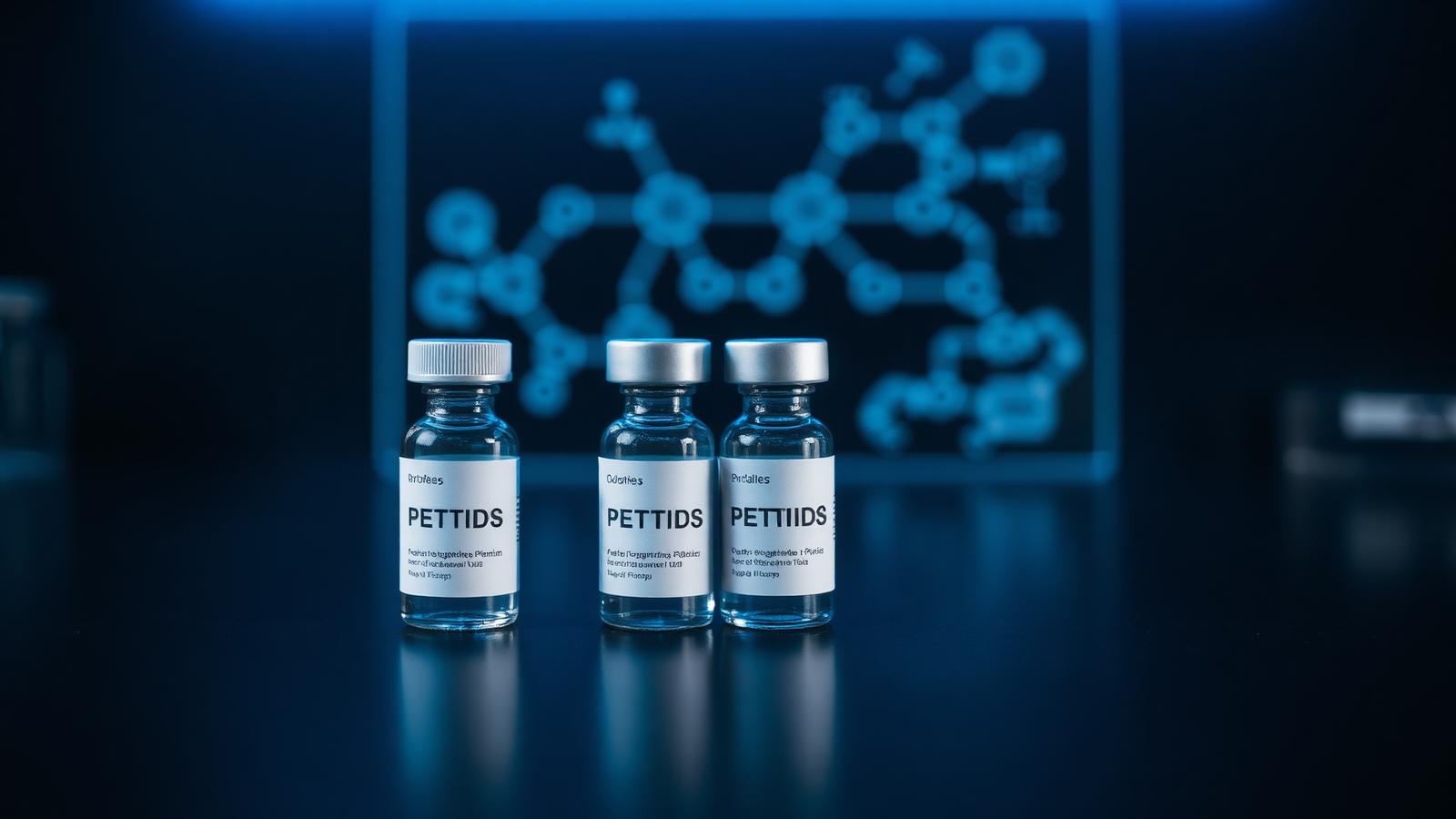 Three research peptide vials aligned on a dark laboratory surface with a metabolic pathway diagram in the background