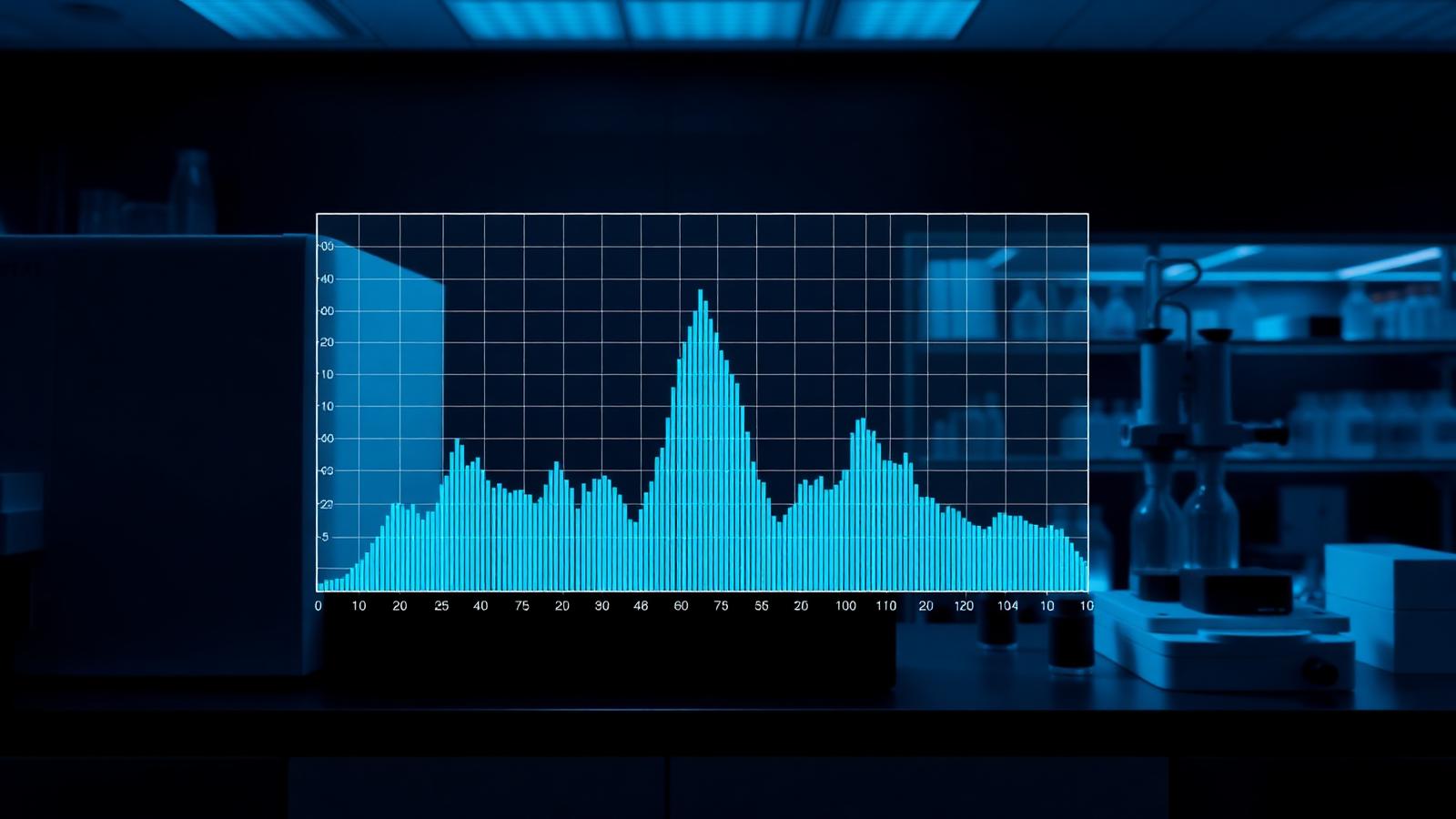 HPLC instrument in a laboratory with a chromatogram showing a sharp single peak
