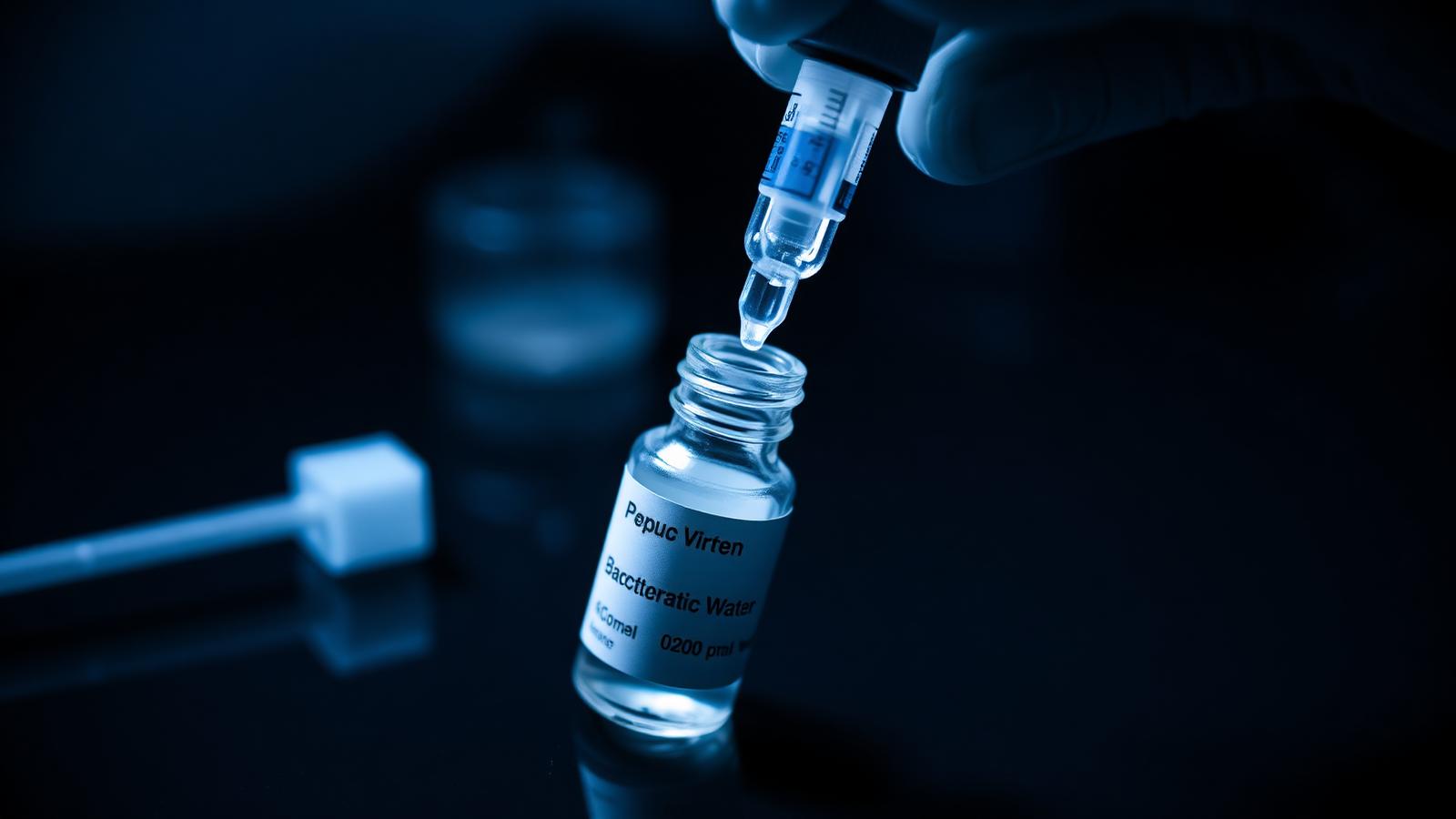 Gloved hand drawing bacteriostatic water from a vial into a peptide vial under cool laboratory lighting
