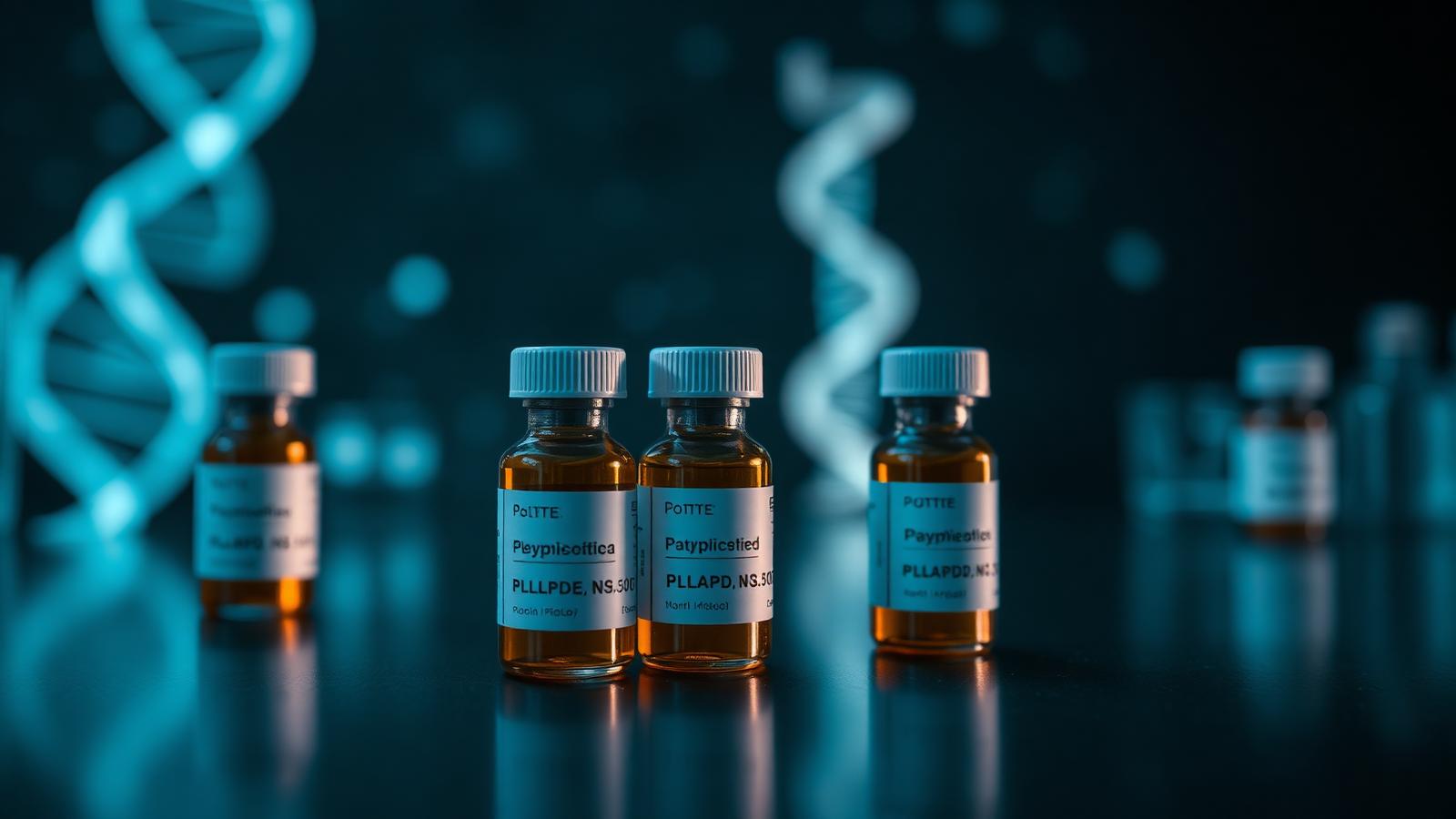 Row of research peptide vials on a dark laboratory surface with faint DNA helix in the background